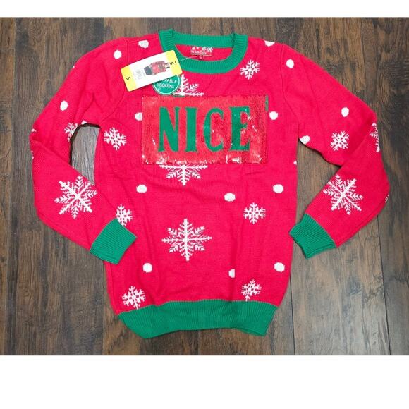 Christmas Sweater Naughty or Nice Flippable Sequins Size Small Red Green New - Picture 2 of 3